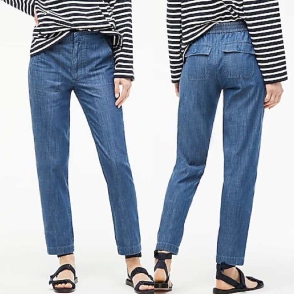 J. CREW Zip Up Indigo Seaside Pant Dark Chambray Denim High Waisted Cropped Crop